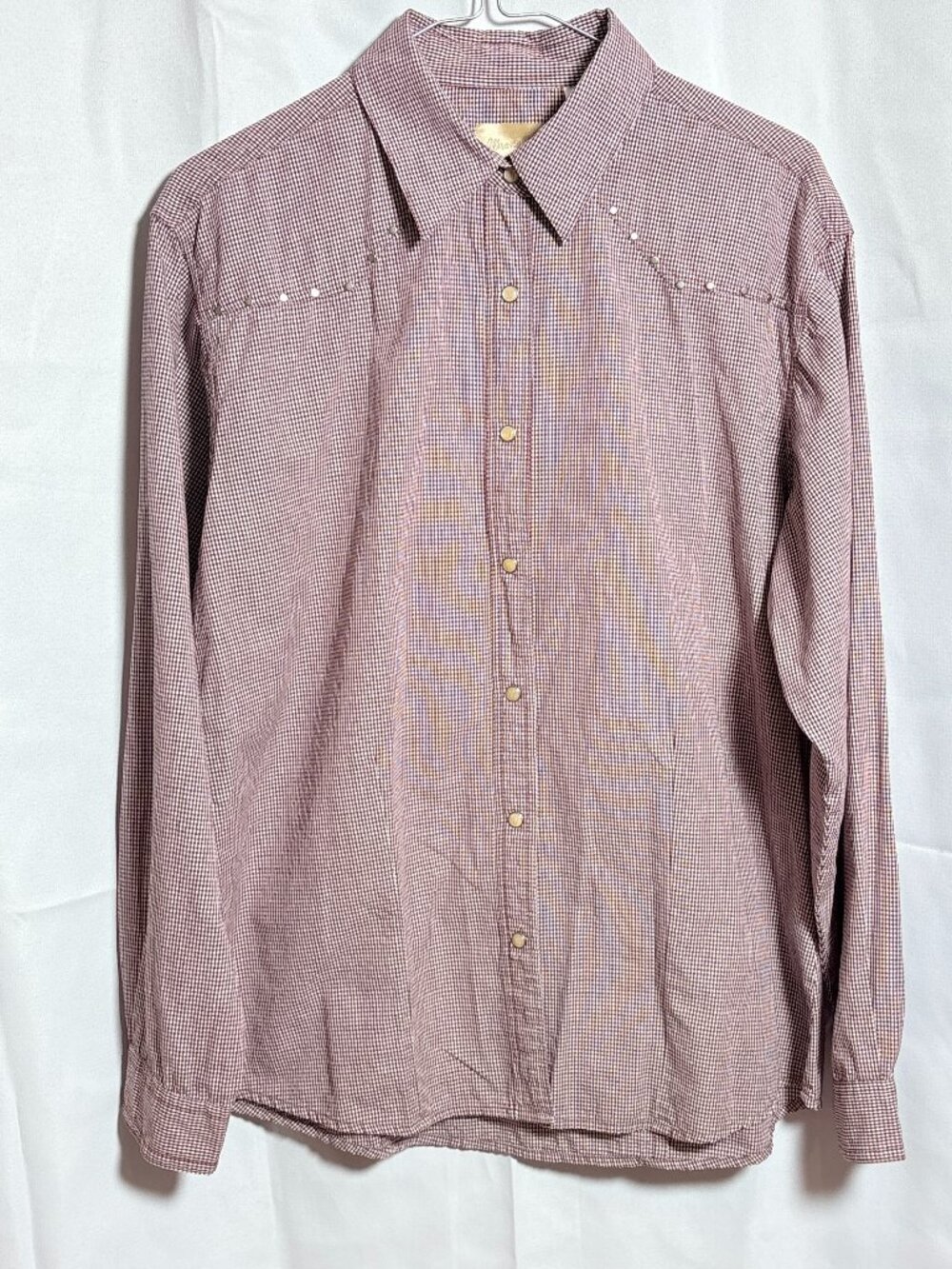 Vintage Wrangler Pearl Snap Western Shirt Burgundy Gingham Studded Size Large